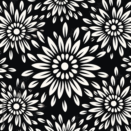 simple black flower pattern, lino cut, hand drawn, fine art, line art, repetitive, flat vector art