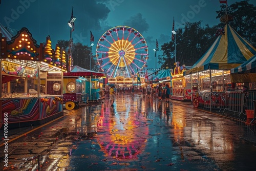 Visitors wander through a drenched funfair as the Ferris Wheel's lights pierce through the twilight sky photo