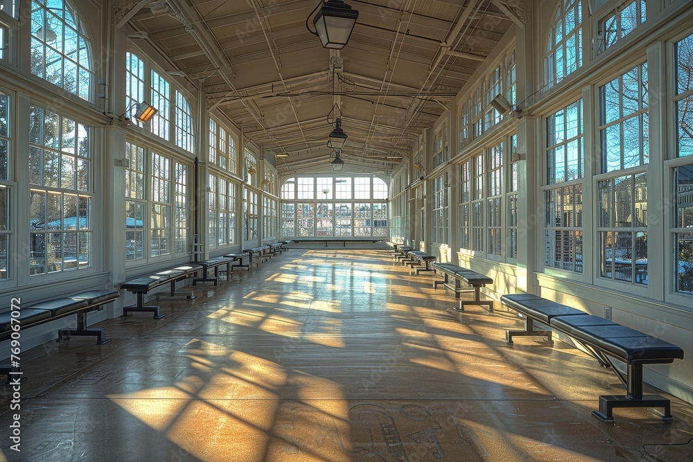 A spacious hall with strong sunlight illuminating wooden benches, empty tranquil interior space A spacious hall with strong sunlight illuminating wooden benches, empty tranquil interior space
