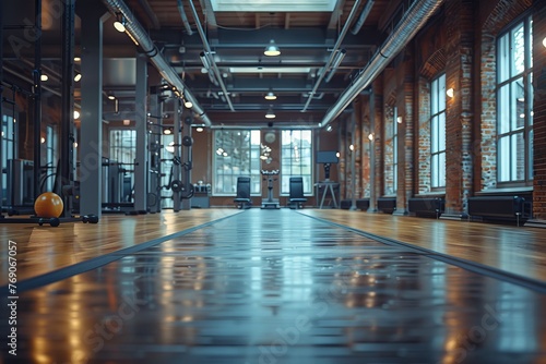 A spacious loft gym with high ceiling, exposing raw brick walls and a wide variety of workout equipment ready for an exercise session photo