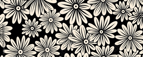 simple black flower pattern, lino cut, hand drawn, fine art, line art, repetitive, flat vector art