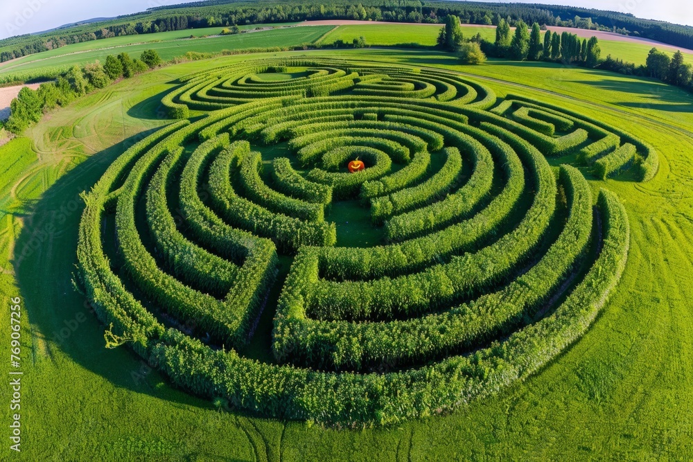 An intricate circular maze stands out in the middle of a lush green field, creating a mesmerizing aerial view An intricate circular maze stands out in the middle of a lush green field, creating a mesmerizing aerial view