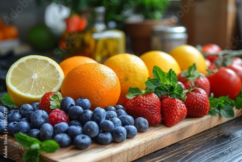 A vibrant display of strawberries  blueberries  lemons  and oranges beautifully arranged on a wooden board