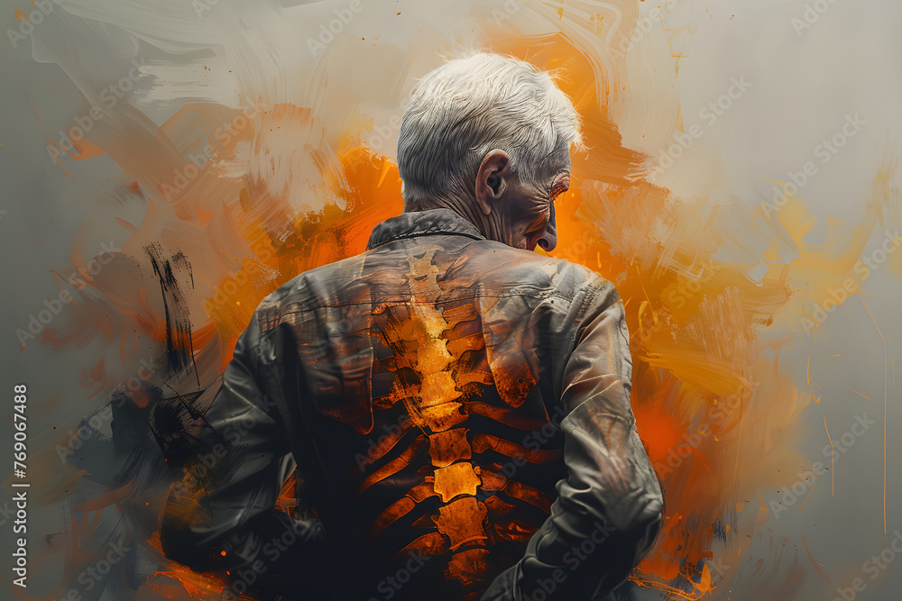 Fototapeta premium Back pain visualized in augmented reality, old man suffering from crippling back pain, chronic pain visualized as red lines shooting out of the spine.