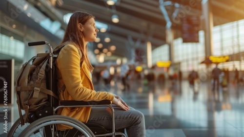 Woman in Wheelchair Waiting at Airport near the gate photo