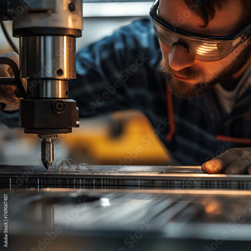 An attentive craftsman in safety goggles inspects metalwork on a CNC machine, highlighting precision in manufacturing, and craftsmanship. photo