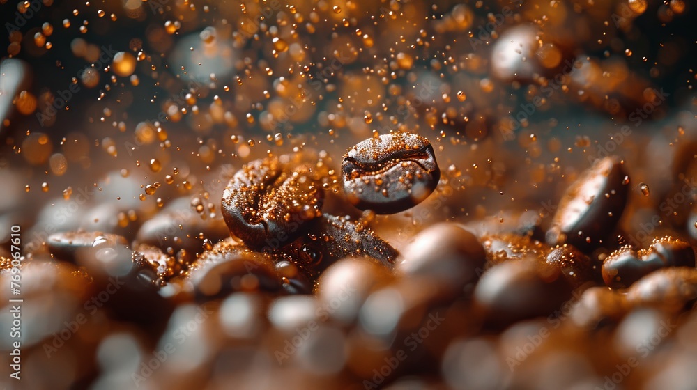 coffee flying over the coffee beans, in the style of expressionist imagery, uhd image. Generative AI coffee flying over the coffee beans, in the style of expressionist imagery, uhd image. Generative AI