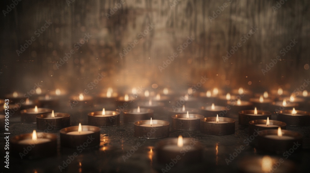 Gloomy wallpaper with an abundance of small candles, Each candle flickers softly, evoking feelings of sorrow and memories.