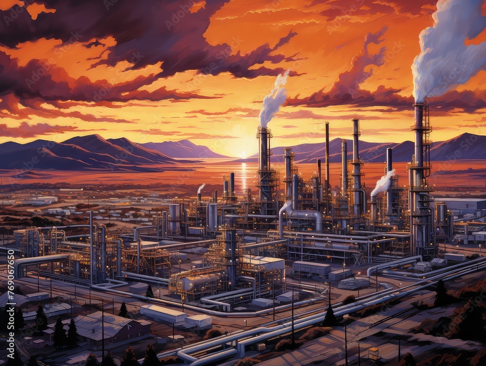 aerial top view of an expansive industrial complex at sunset. Chemical oil refinery plants and power plants sprawl across the landscape, with metal pipes crisscrossing the scene.  - obrazy, fototapety, plakaty 