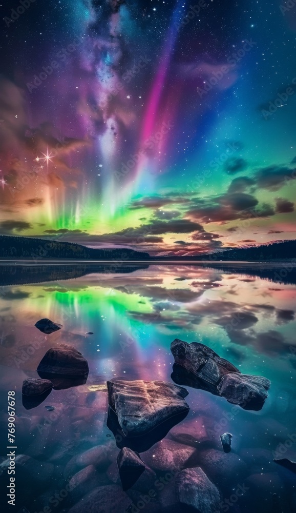 Aurora reflects in lakes water, merging with liquids surface