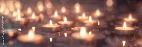 Gloomy wallpaper with an abundance of small candles, Each candle flickers softly, evoking feelings of sorrow and memories.
