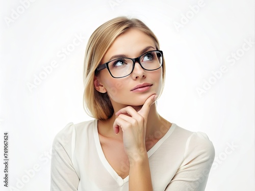 Pensive woman with hand on chin looking up