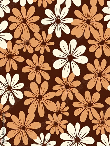 simple brown flower pattern  lino cut  hand drawn  fine art  line art  repetitive  flat vector art