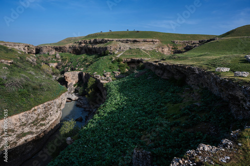 Panoramic view of the Aksu River canyon in Kazakhstan in spring photo