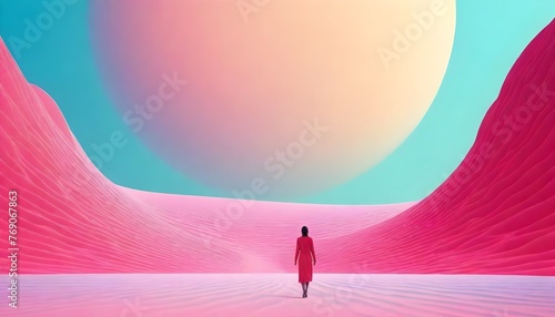 A person standing in a vast desert with pink sand, under a large, surreal