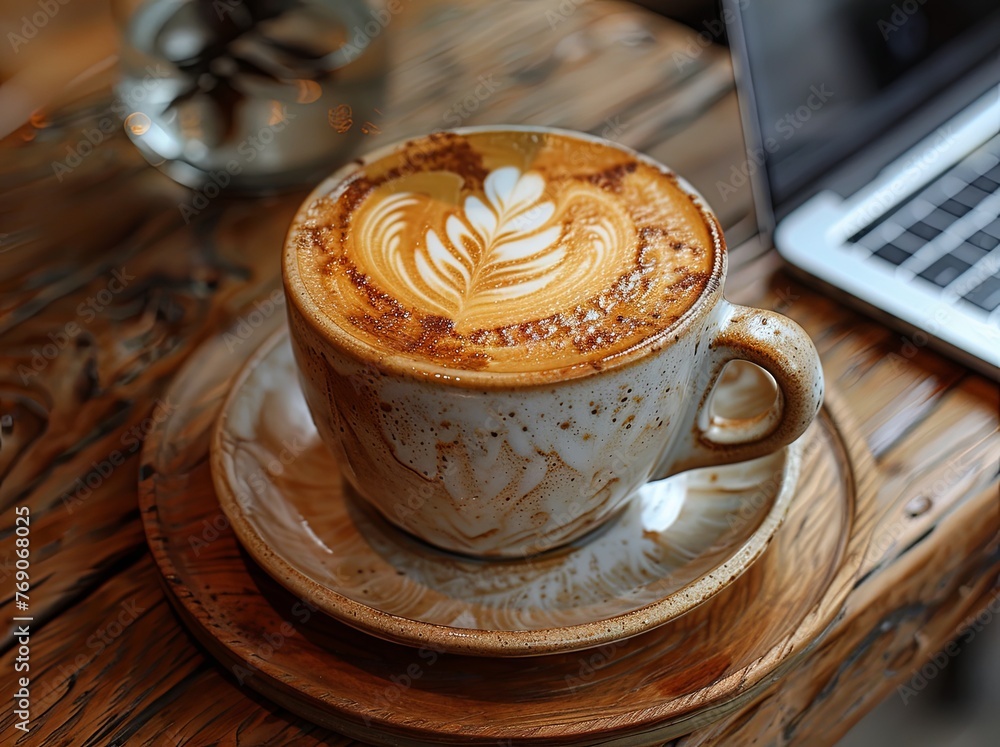 coffee on top of a laptop computer with a leaf drawing, in the style of wood. Generative AI coffee on top of a laptop computer with a leaf drawing, in the style of wood. Generative AI