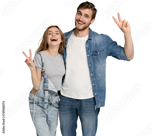 two amazing beautiful people lady handsome guy stand side by side showing v-sign symbols hands hugging wear casual denim shirts outfit clothes isolated on transparent  background
