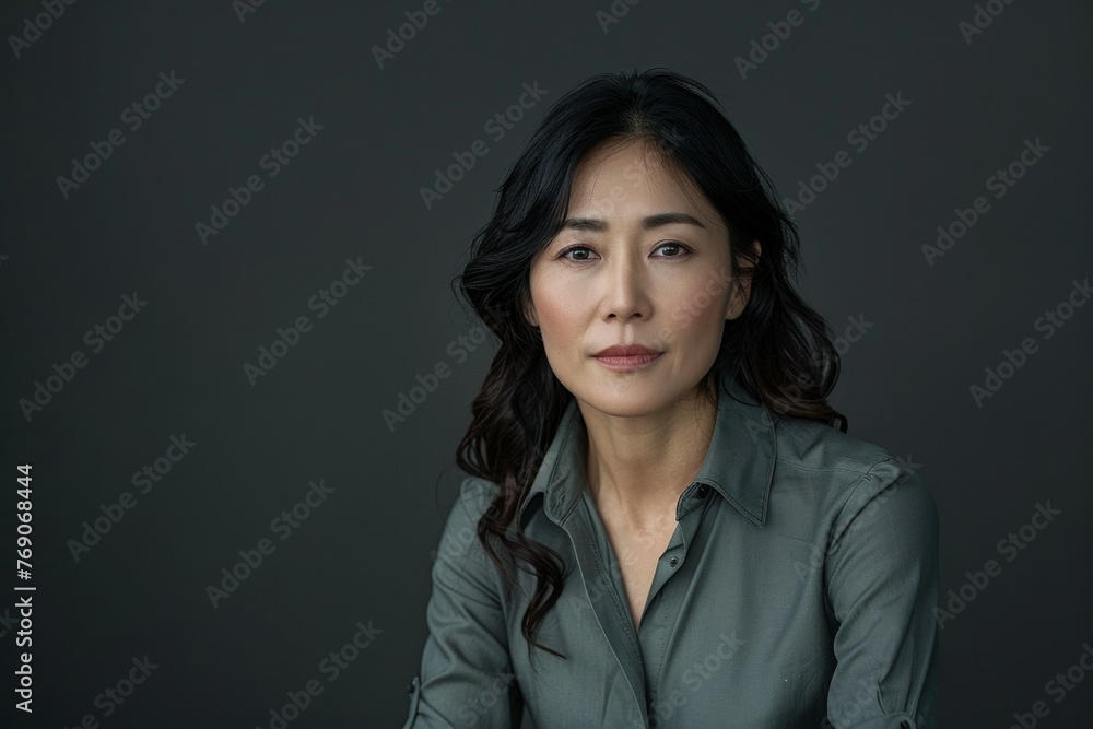A woman with long hair and a grey shirt is sitting in front of a dark background A woman with long hair and a grey shirt is sitting in front of a dark background
