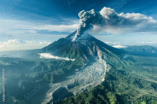 Volcanic eruption viewed from above with smoke billowing into sky