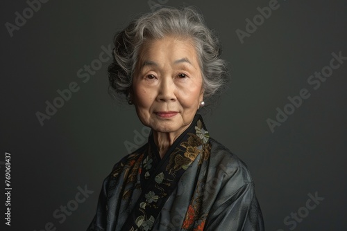 A woman in a black and gold dress is smiling