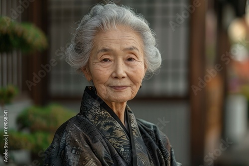 A woman in a black kimono is smiling