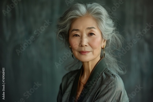 A woman with gray hair and a black dress is smiling