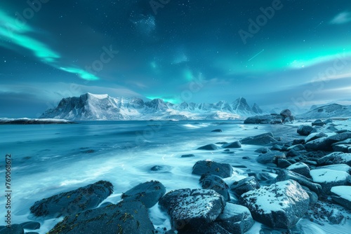 The aurora borealis illuminates the ocean and mountains under the night sky