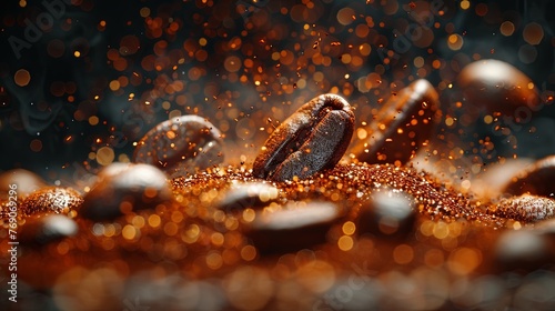 the coffee beans scatter over dark background, in the style of photo-realistic landscapes. Generative AI