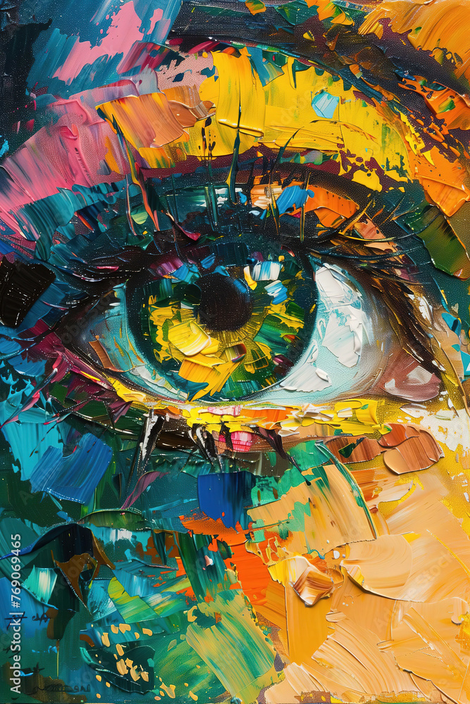 Abstract colorful painting stylized eye with dynamic paint brush strokes and bold palette wall.