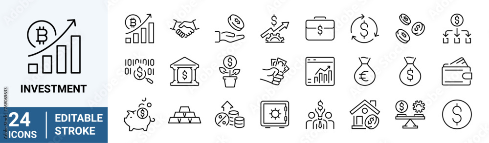 Investment web icons in line style. Return. Capital, sales, dividend, roi, profit, collection. Vector illustration. Editable stroke. Investment web icons in line style. Return. Capital, sales, dividend, roi, profit, collection. Vector illustration. Editable stroke.