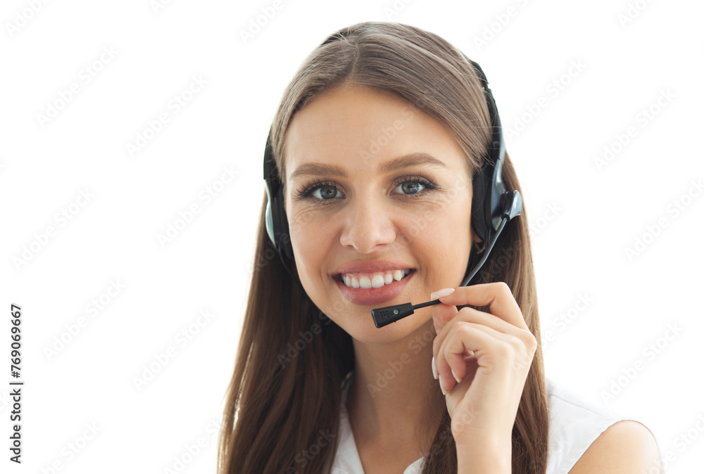 Female customer support operator with headset and smiling on transparent Female customer support operator with headset and smiling on transparent