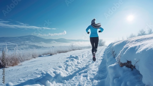 An athlete braves the winter chill, running through a snow-covered trail with a serene, frosty landscape in the background. AIG41