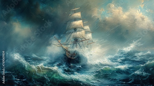An oil painting depicting a strong storm and shipwreck in the middle of the sea. Sea element