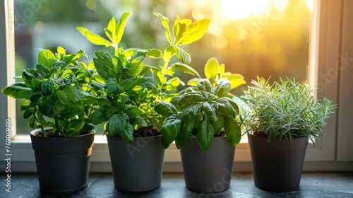 A variety of lush green potted plants swaying gently in the sunlight  perched atop a charming window sill