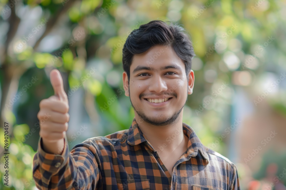 The young man in plaid dress shirt smiles, showing thumbs up gesture. Generative AI The young man in plaid dress shirt smiles, showing thumbs up gesture. Generative AI