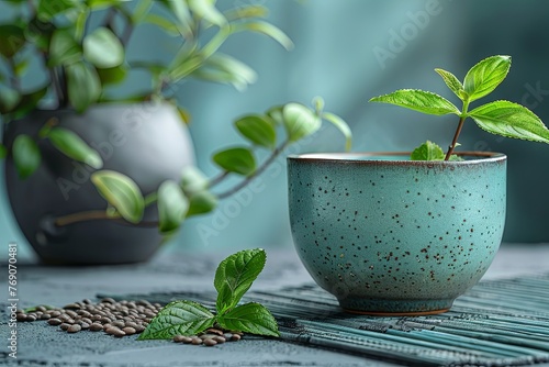 a cup with tea seeds and greenery on a gray surface, in the style of brown and aquamarine, decorative backgrounds. Generative AI