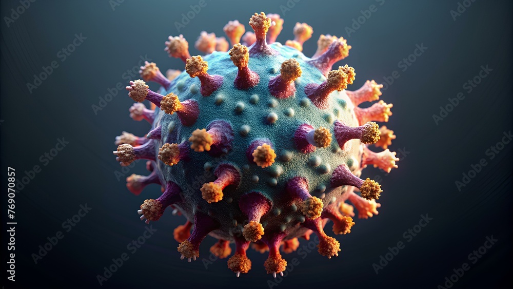 Captivating 3D Virus Structure Illustration: Highlighting Capsid and Spikes in Contrasting Colors for Biology Enthusiasts and Educators - obrazy, fototapety, plakaty 