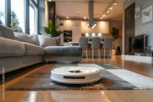 Efficient robotic home cleaner learning household preferences while performing cleaning tasks. Concept Robotics, Home Automation, Machine Learning, Efficient Cleaning, Smart Technology