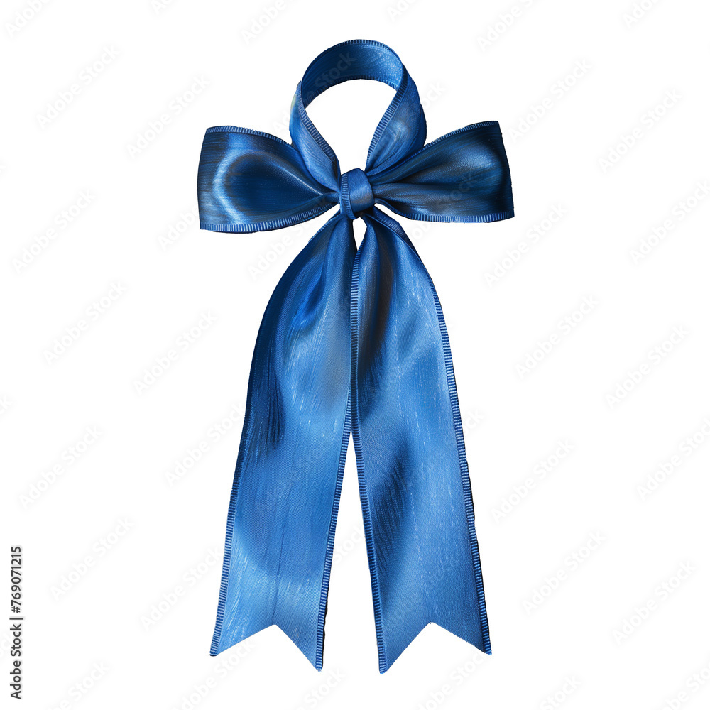 A blue ribbon with a bow is displayed on a white background A blue ribbon with a bow is displayed on a white background