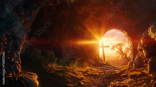 Empty tomb of Jesus Christ, sunrise, cross, realistic