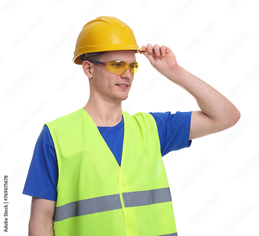 Young man wearing safety equipment on white background Young man wearing safety equipment on white background