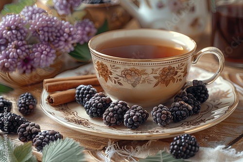 black tea with cinnamon sticks and blackberries, in the style of light purple and green. Generative AI