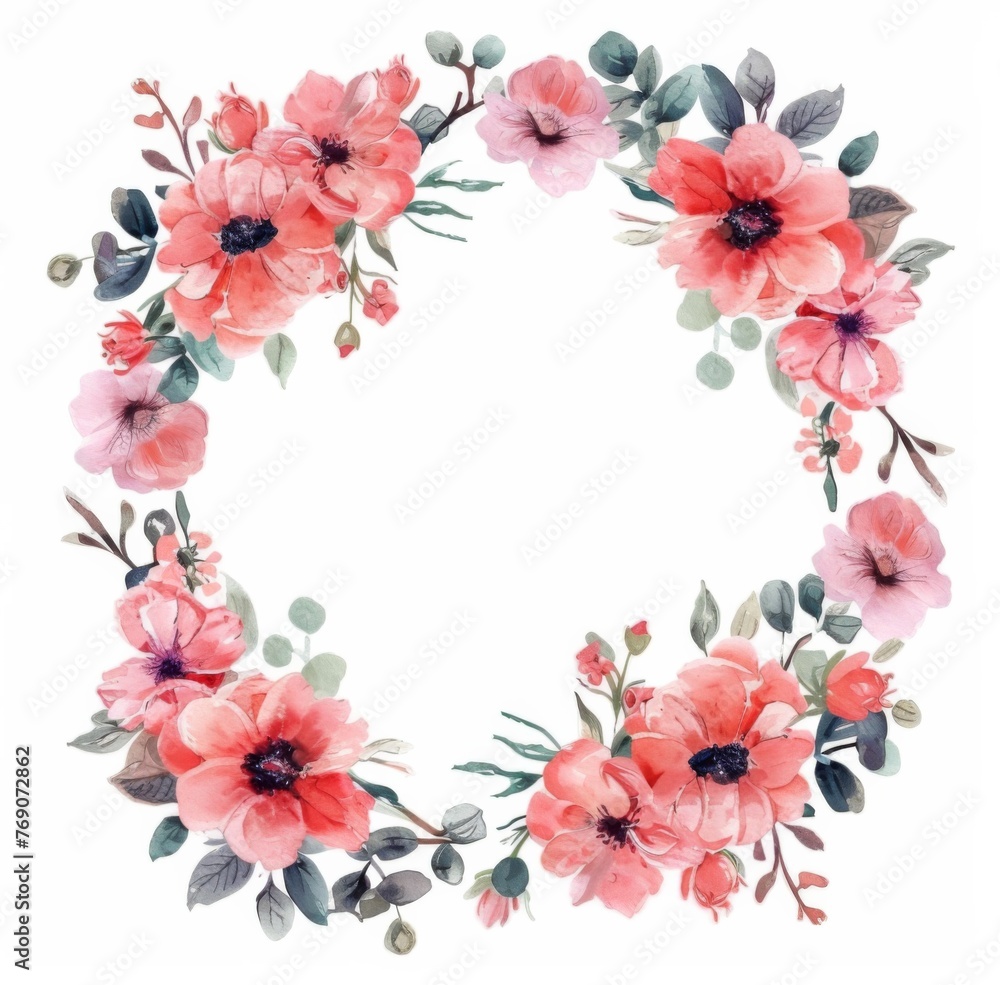 Watercolor flower wreath clipart, blush pink and green colors isolated on a white background