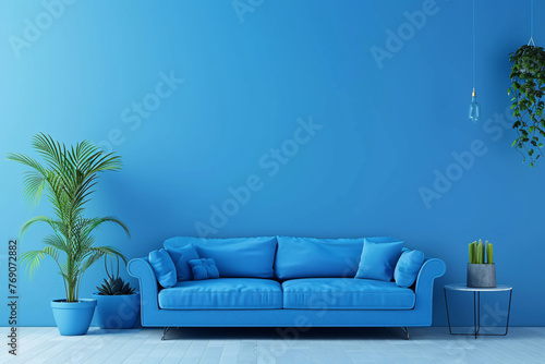 blue sofa over blue wall background