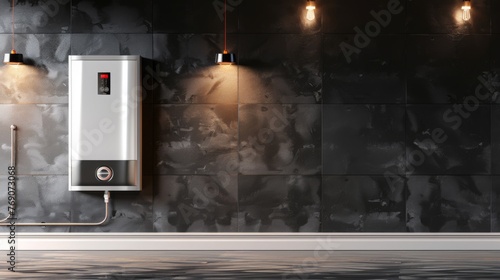 A wall in the bathroom with a gas water heater. Gas boiler - heating and hot water supply. photo