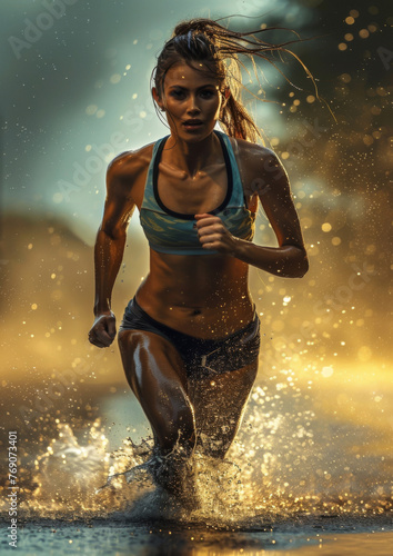 Confident female athlete running. Water splashing as her feet strike the puddles. Dynamic  motion  active fitness. Goals.