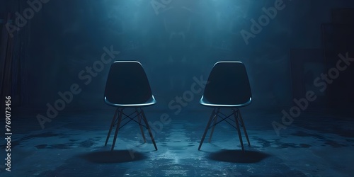 Dark room with two empty chairs for studio interview podcast featuring AI technology. Concept Podcast Studio, Interview Setup, AI Technology, Dark Room, Empty Chairs