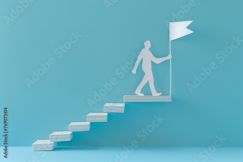 Paper cut man walking on wooden stairs to a success. Leadership and success concept. 