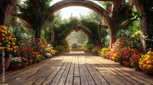 A wooden floor is adorned with a colorful array of flowers, creating a vibrant and enchanting scene photo