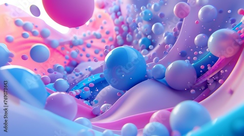 3D rendering. Multicolored balls float in a viscous liquid.